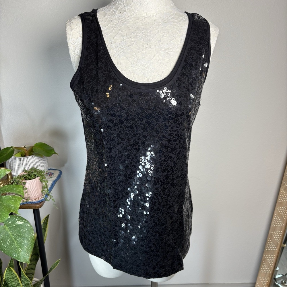 NWT Garnet Hill Womens L Black Sequin Tank Top Party Glam Cotton Modal